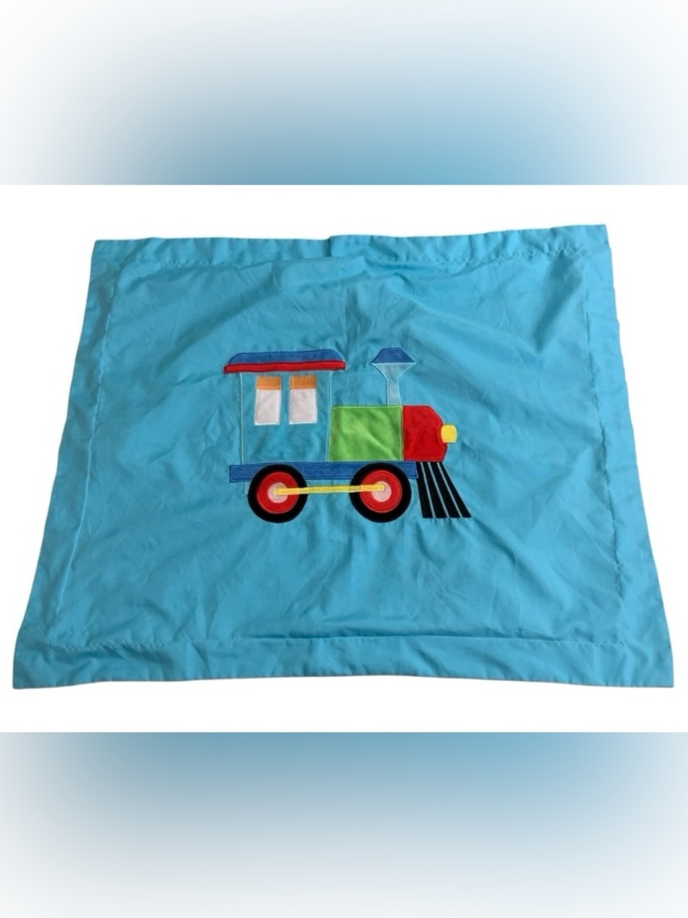 Handmade Train Pillow Sham Pillowcase Velour Corduroy Blue Red Yellow Engineer